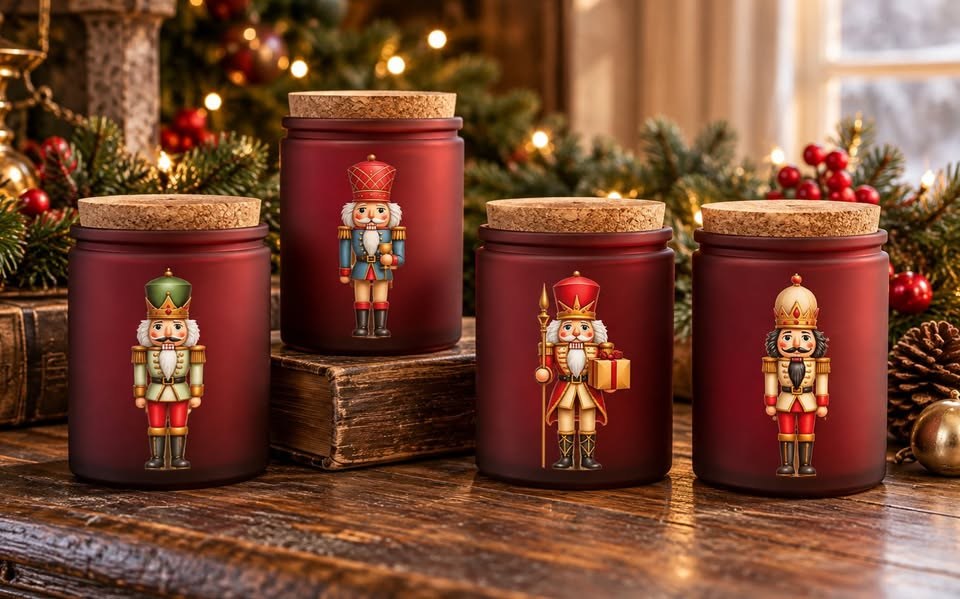 Four deep red candle jars with nutcracker designs and cork lids among Christmas greenery